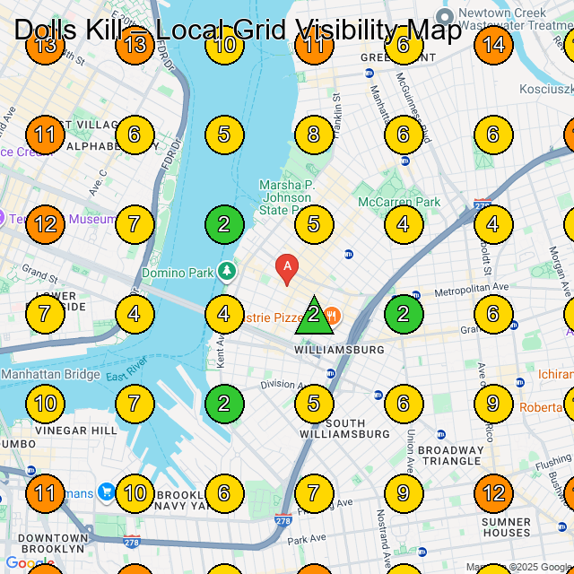 Dolls Kill GeoGrid ranking map for Clothing Store in Brooklyn