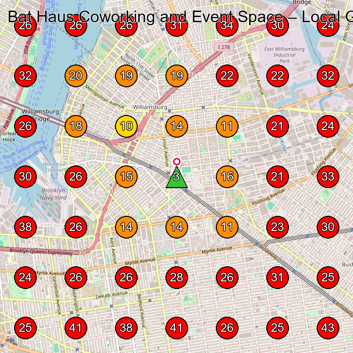 Bat Haus Coworking and Event Space GeoGrid visibility map for Coworking Space in Brooklyn