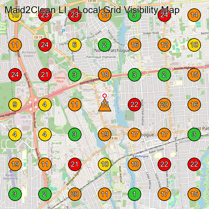Maid2Clean LI House Cleaning Service GeoGrid ranking map for Patchogue NY