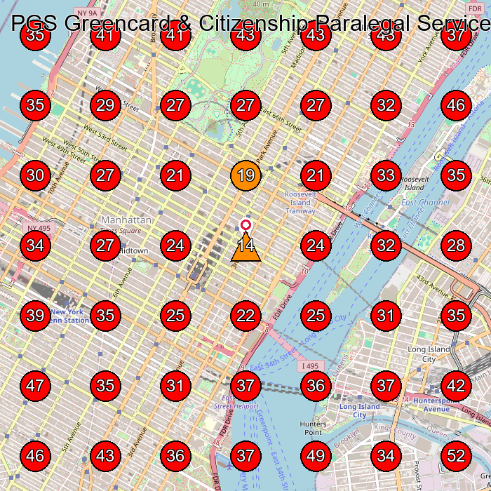 PGS Greencard & Citizenship Paralegal Services GeoGrid visibility map for Paralegal Services Provider in Queens