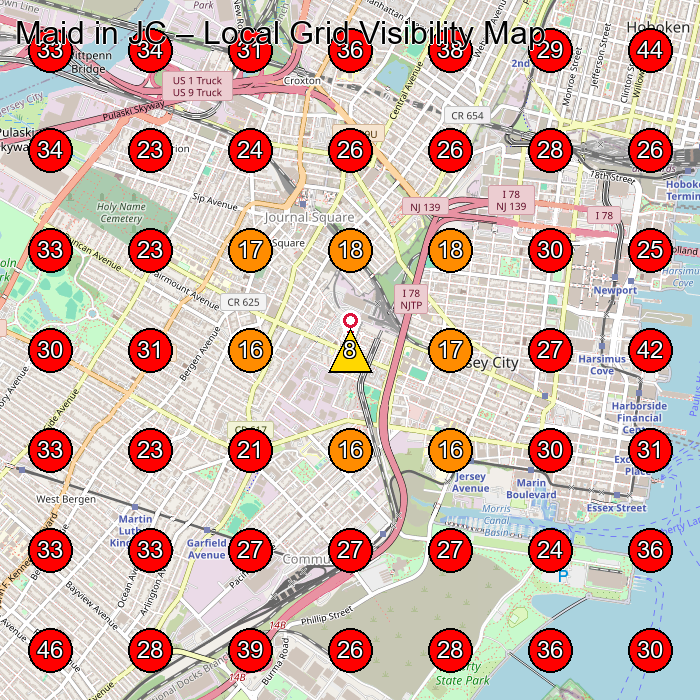 Maid in JC GeoGrid visibility map for House Cleaning Service in Jersey City