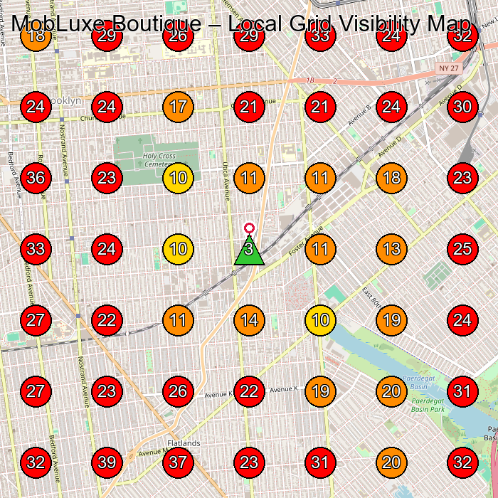 MobLuxe Boutique GeoGrid visibility map for Hair Salon in Brooklyn