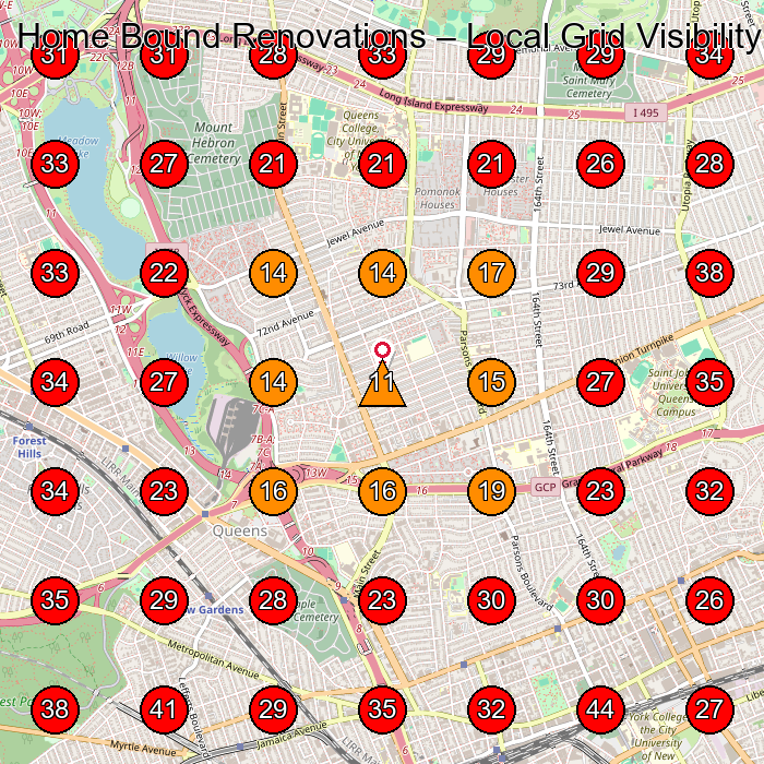 Home Bound Renovations GeoGrid visibility map for Construction Company in Forest Hills