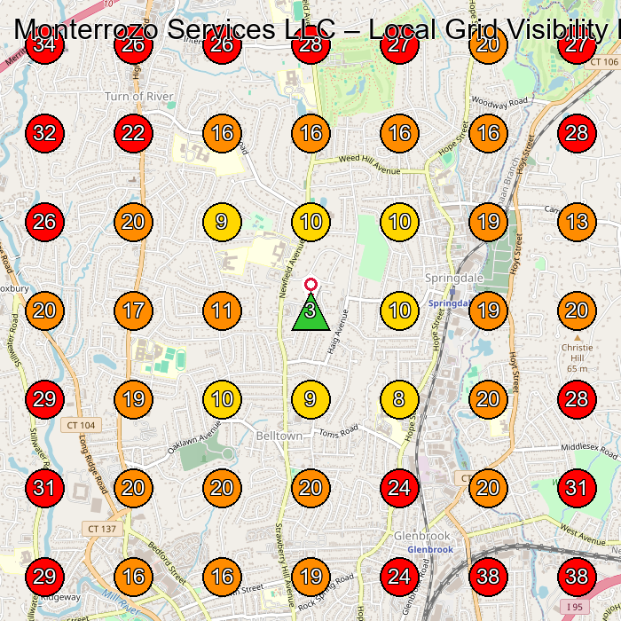 Monterrozo Services LLC GeoGrid visibility map for Lawn Sprinkler System Contractor in Stamford