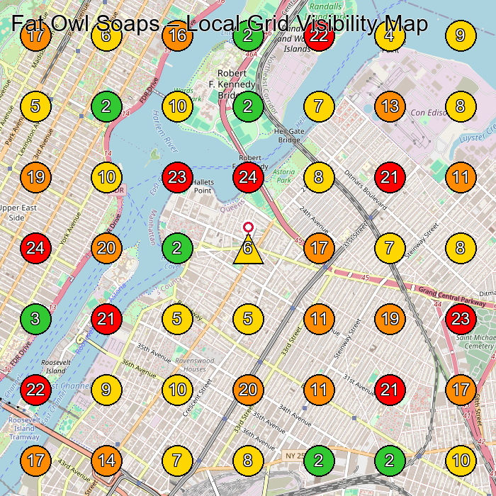 Fat Owl Soaps Kozmetik Aœra1/4Nler Aœreticisi GeoGrid ranking map for Queens NY