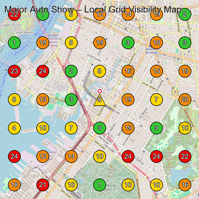 Major Auto Show Used Car Dealer GeoGrid ranking map for Brooklyn NY
