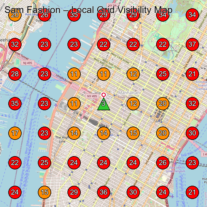 Sam Fashion GeoGrid visibility map for Clothing Store in New York