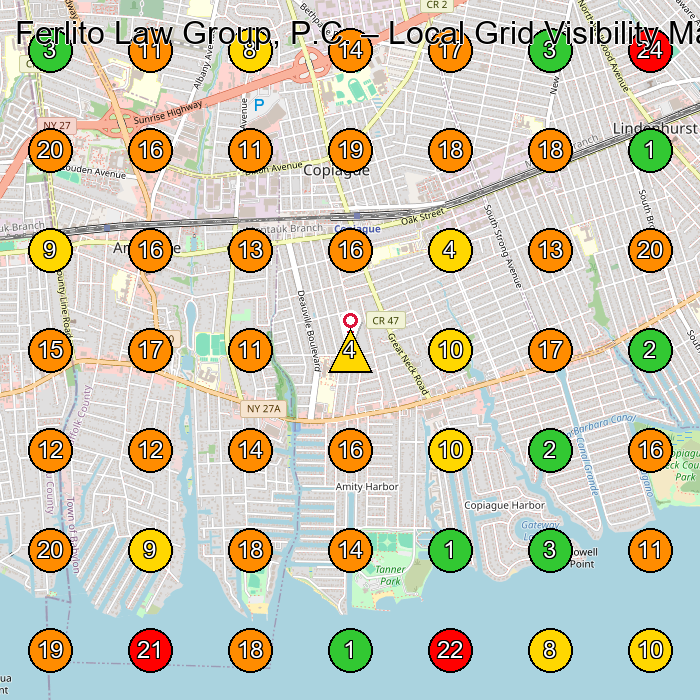 Ferlito Law Group, P.C. Legal Services GeoGrid ranking map for Copiague NY