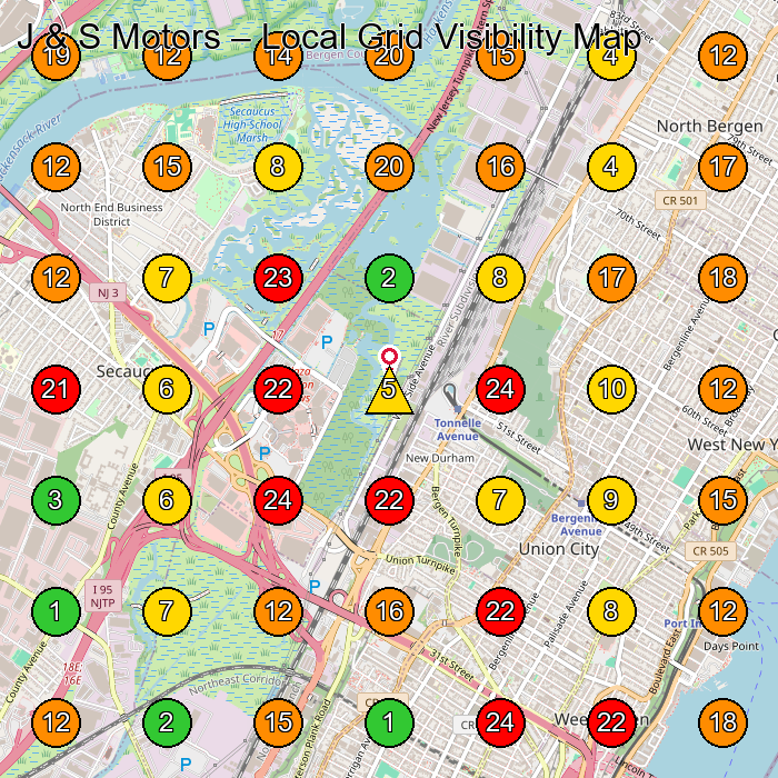 J & S Motors Used Car Dealer GeoGrid ranking map for North Bergen NJ