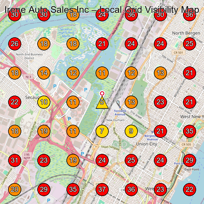 Irene Auto Sales Inc GeoGrid visibility map for Used Car Dealer in North Bergen