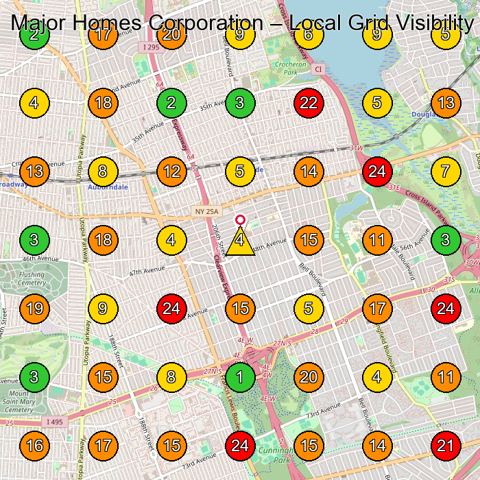 Major Homes Corporation General Contractor GeoGrid ranking map for Bayside NY