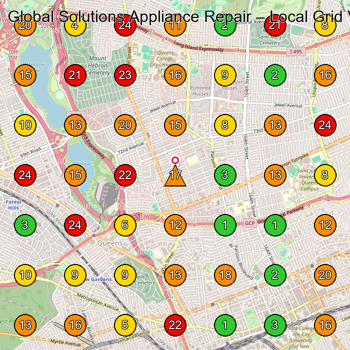Global Solutions Appliance Repair Appliance Repair Service GeoGrid ranking map for Flushing NY