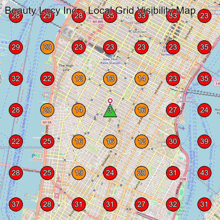Beauty Lucy Inc GeoGrid visibility map for Beauty Product Supplier in New York