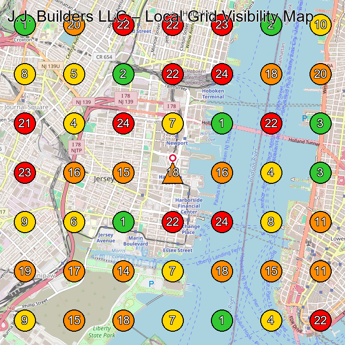J.J. Builders LLC General Contractor GeoGrid ranking map for Jersey City NJ
