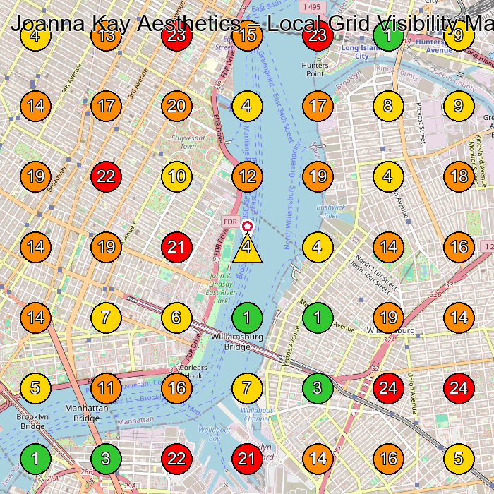 Joanna Kay Aesthetics Facial Spa GeoGrid ranking map for Brooklyn NY