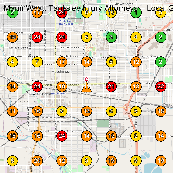 Mann Wyatt Tanksley Injury Attorneys Personal Injury Attorney GeoGrid ranking map for Hutchinson KS