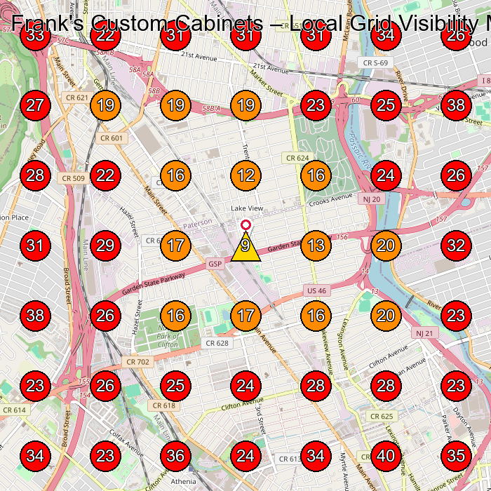 Frank's Custom Cabinets GeoGrid visibility map for Kitchen Remodeler in Saddle Brook