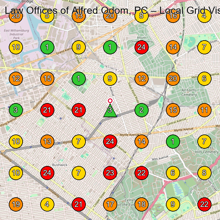 Law Offices of Alfred Odom, PC Legal Services GeoGrid ranking map for Queens NY