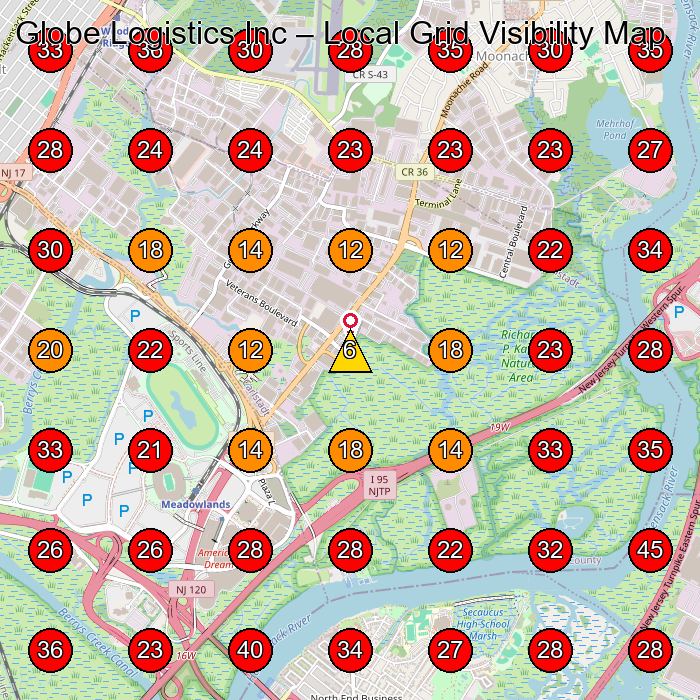 Globe Logistics Inc GeoGrid visibility map for Trucking Company in North Bergen