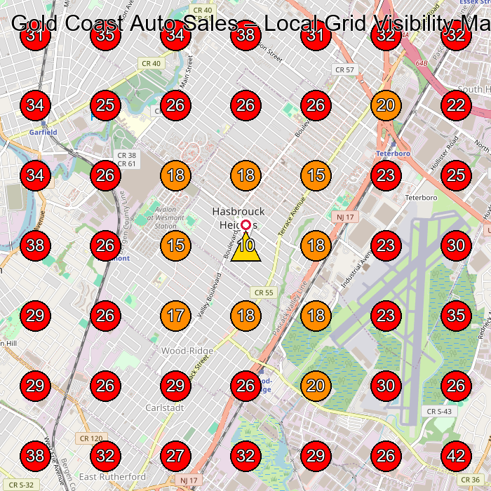 Gold Coast Auto Sales GeoGrid visibility map for Used Car Dealer in Hasbrouck Heights
