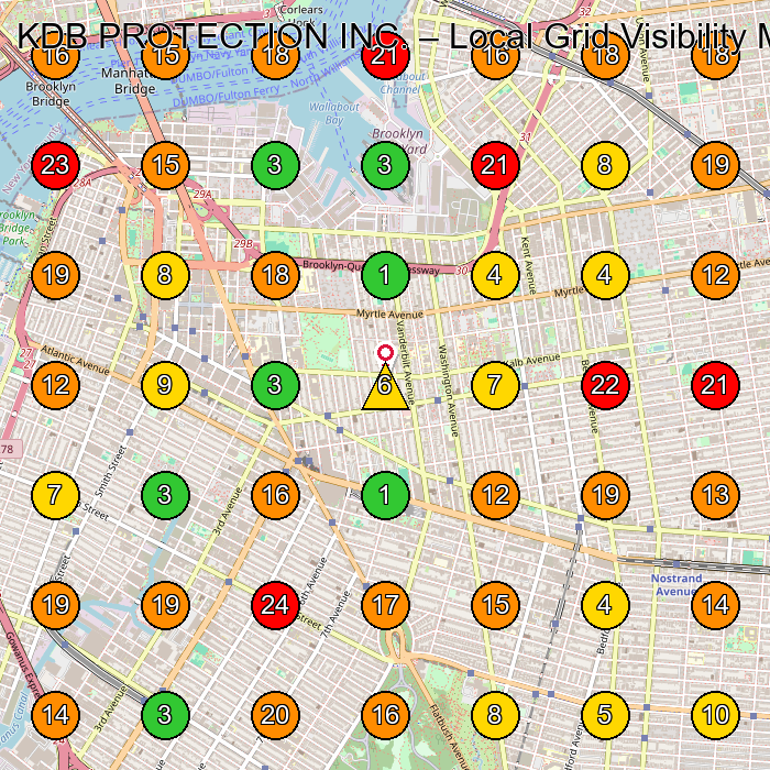KDB PROTECTION INC. Security Guard Service GeoGrid ranking map for Brooklyn NY
