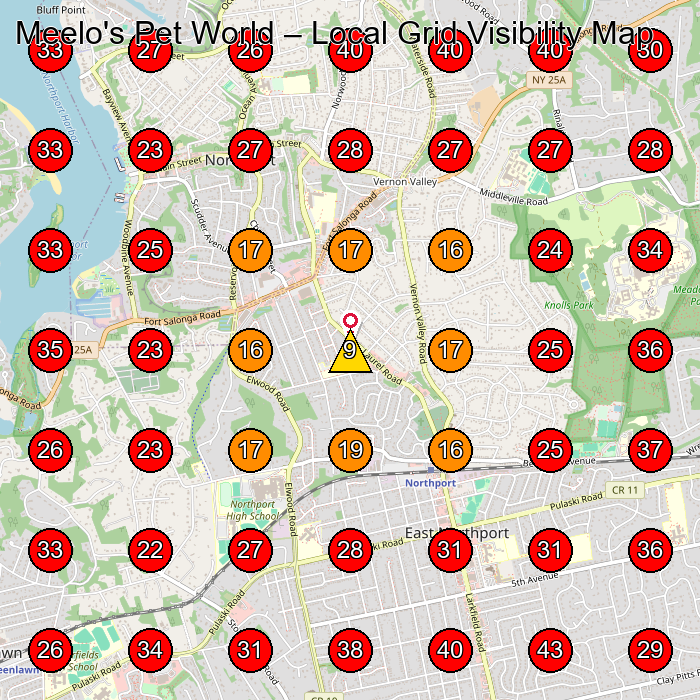 Meelo's Pet World GeoGrid visibility map for Pet Groomer in Kings Park