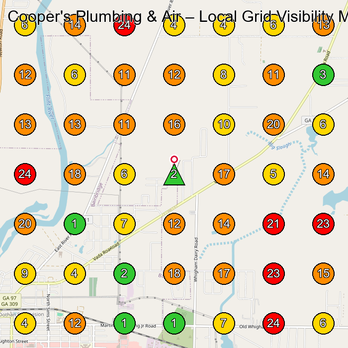 Cooper's Plumbing & Air Air Conditioning Repair Service GeoGrid ranking map for Bainbridge GA