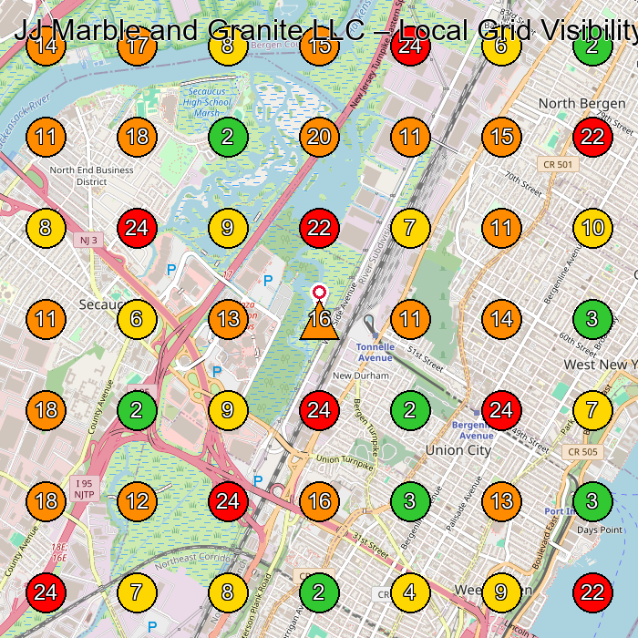 JJ Marble and Granite LLC Countertop Store GeoGrid ranking map for North Bergen NJ