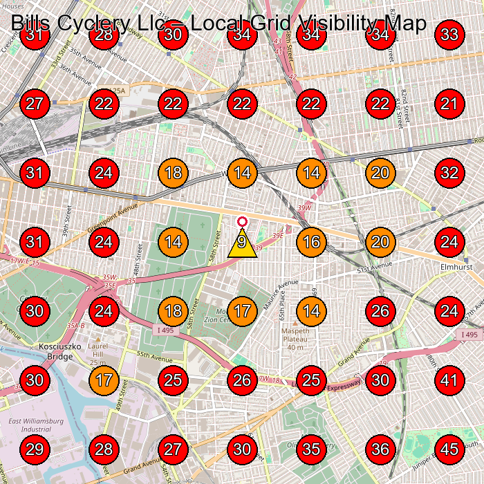 Bills Cyclery Llc GeoGrid visibility map for Bicycle Store in Elmhurst
