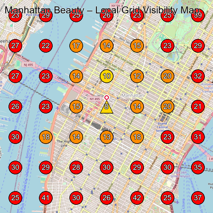 Manhattan Beauty GeoGrid visibility map for Sewing Shop in New York