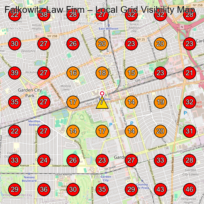 Falkowitz Law Firm GeoGrid visibility map for Personal Injury Attorney in Garden City
