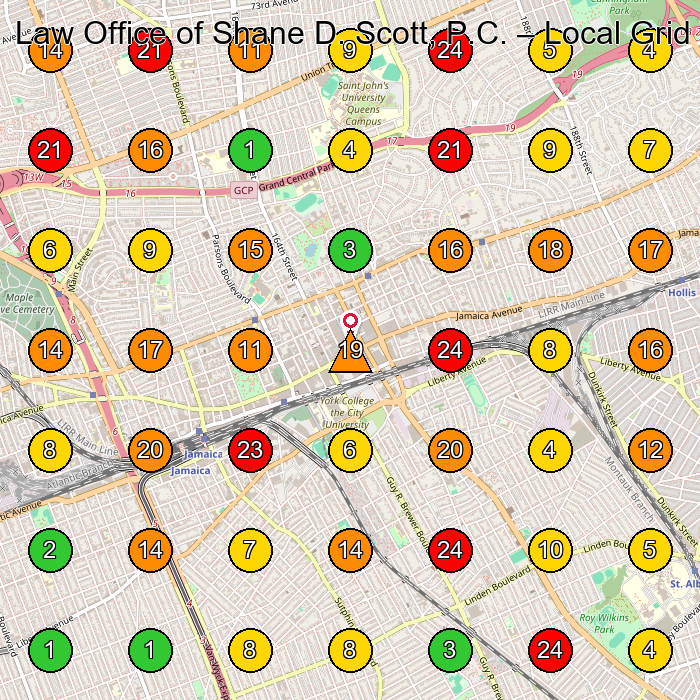 Law Office of Shane D. Scott, P.C. Real Estate Attorney GeoGrid ranking map for Jamaica NY