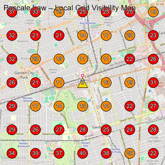 Pascale Law GeoGrid visibility map for Personal Injury Attorney in Mineola