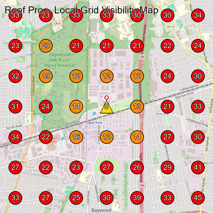 Roof Pro GeoGrid visibility map for Roofing Supply Store in Deer Park