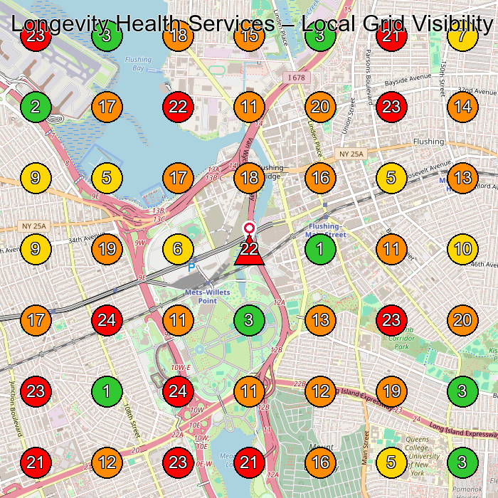 Longevity Health Services Home Health Care Service GeoGrid ranking map for Flushing NY