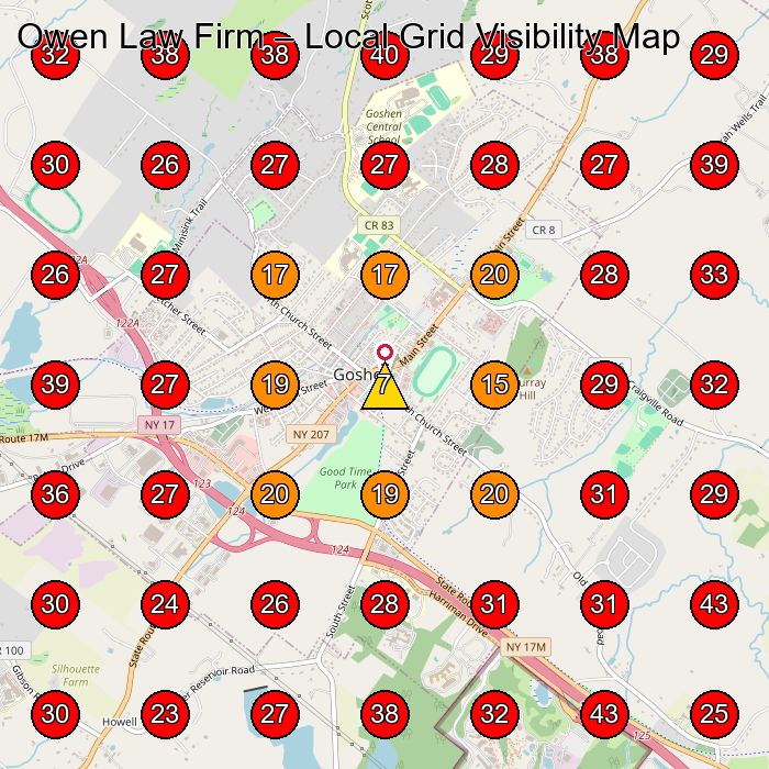 Owen Law Firm GeoGrid visibility map for Bicycle Store in Goshen