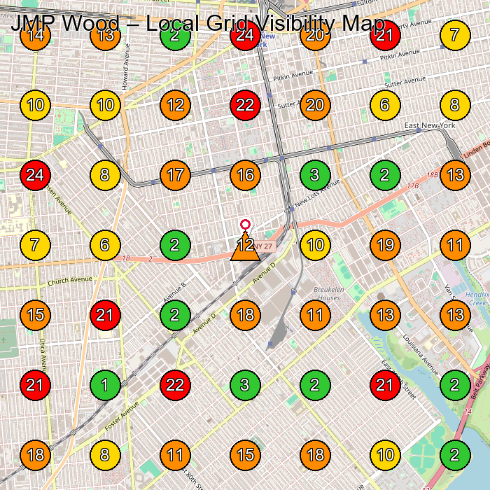 JMP Wood Woodworker GeoGrid ranking map for Brooklyn NY