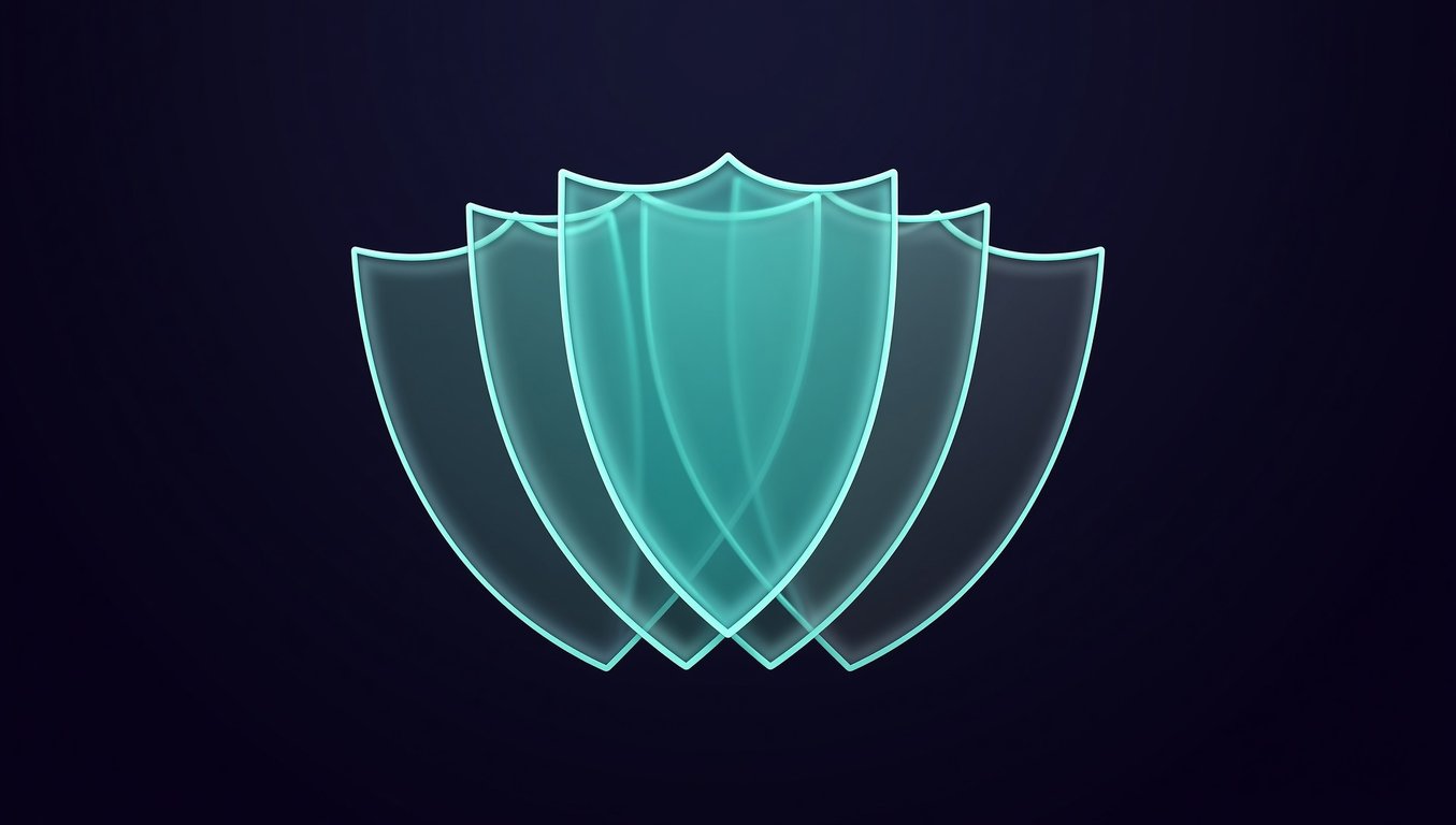 Five translucent shields over a dark gradient, single accent, visualizing a five-layer prompt-injection protection stack.