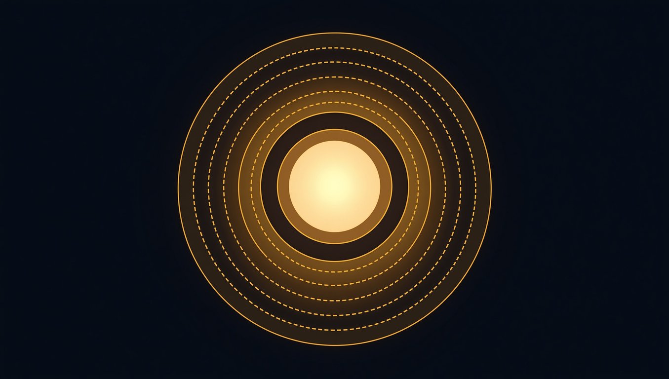 Eight layered rings around a steady core — an AI harness engineering stack wrapped around a working model.