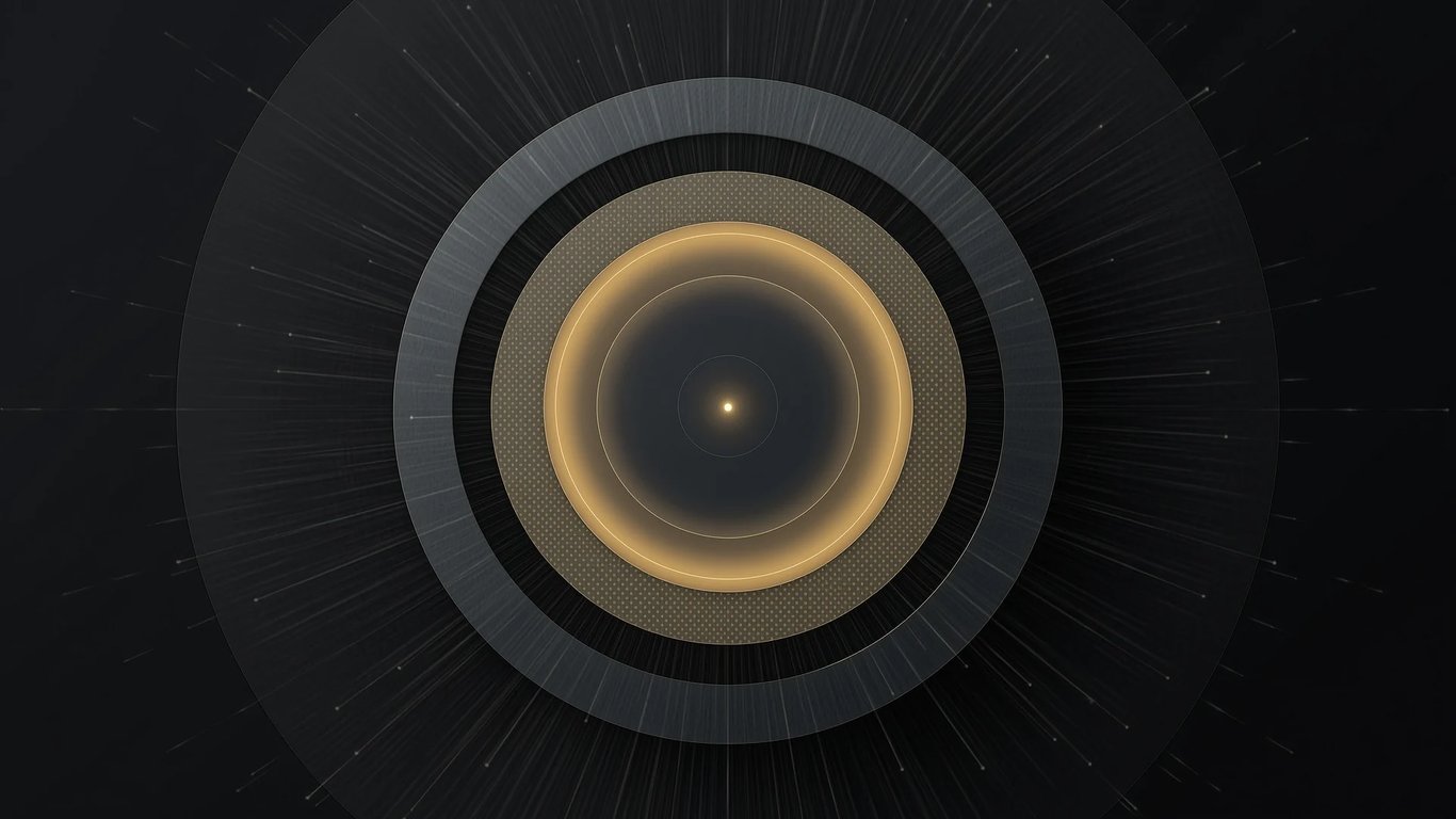 Concentric 5-ring LLM defense schematic with amber accent on the active scanning layer — the prompt injection defense stack.