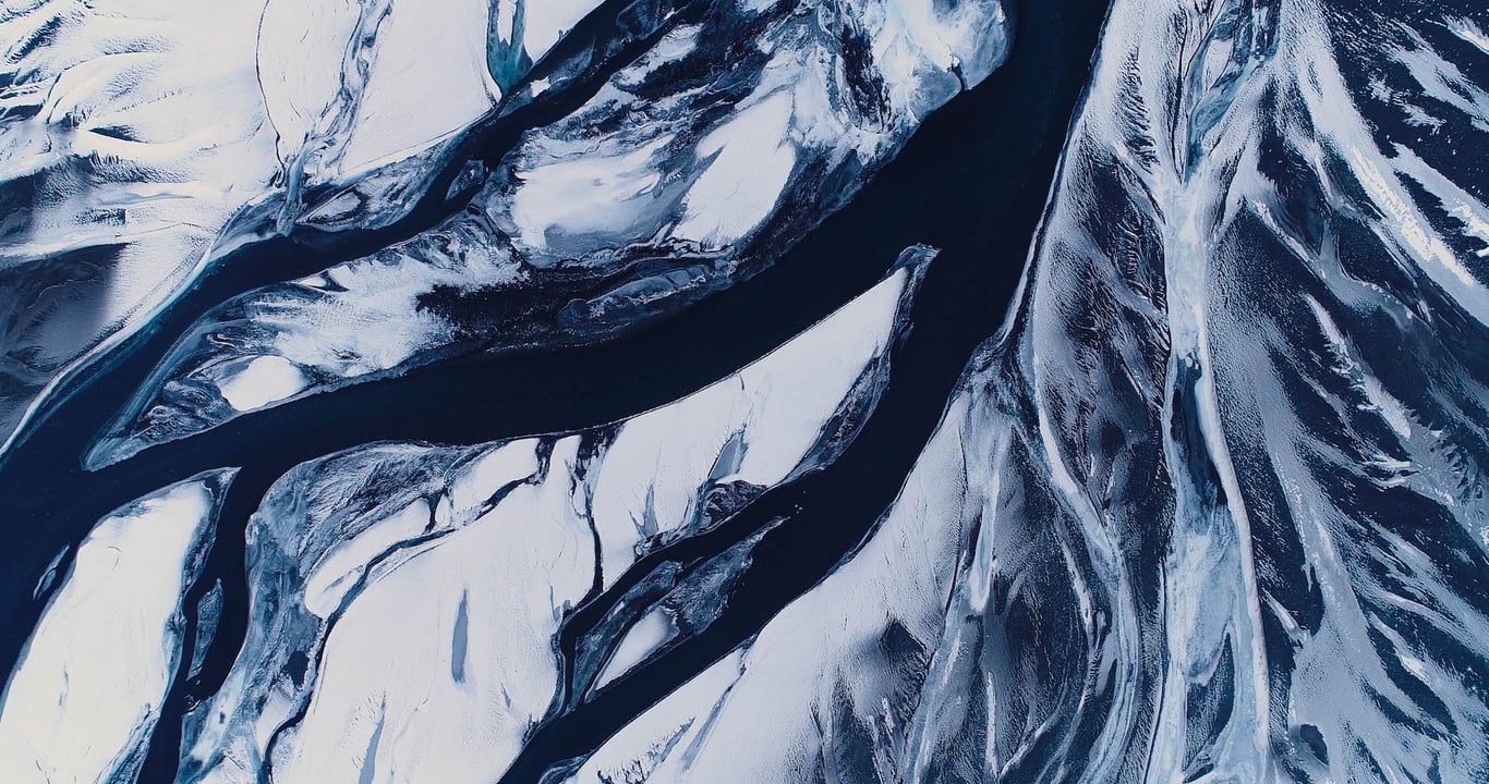 Aerial view of fractal river drainage patterns in Iceland
