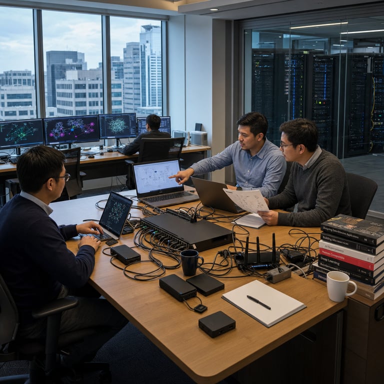 In a modern open-plan technology office with large windows overlooking an urban skyline several anonymous software engineers sit around a expansive wooden conference table cluttered with multiple open laptops tablets and external hard drives connected via thick black cables to a central network switch and wireless routers symbolizing enterprise integrations for autonomous AI systems one engineer gestures toward a laptop screen displaying intricate node-based diagrams of agent workflows with interconnected modules representing planning execution and orchestration layers another engineer reviews printed schematics of multi-agent collaboration structures while a third types on a keyboard linked to cloud-connected servers visible in an adjacent glass-walled server room filled with tall black rack-mounted hardware units humming with activity stacks of technical reference manuals on AI development rest on side tables alongside coffee cups and notepads the room features neutral gray carpeting ergonomic office chairs and subtle LED accent lighting highlighting the collaborative atmosphere focused on building control layers for agents that plan and execute complex tasks in expanding market adoption scenarios the background includes additional workstations with dual monitor setups showing abstract visualizations of semantic processing graphs and graph-based orchestration networks evoking open-source options for agent frameworks the overall environment conveys a professional photojournalistic capture of real-world development activity grounded in practical hardware and human interaction without any visible markings or identifiers on equipment surfaces the engineers wear casual business attire such as button-down shirts and sweaters their postures indicate active discussion and problem-solving around scalable AI agent architectures the scene emphasizes tangible elements like cable management trays under the table power strips with multiple plugs fiber optic connections between devices and ambient reflections on polished table surfaces to create a dense layered composition illustrating the integration of various agent platforms in a live enterprise setting