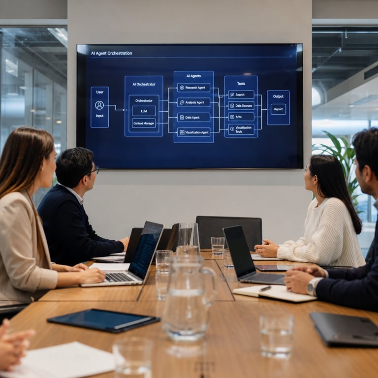 In a modern corporate office, several anonymous professionals gather around a conference table with laptops and a shared display screen showing interconnected workflow diagrams, illustrating the coordination of specialized AI agents for complex enterprise tasks.