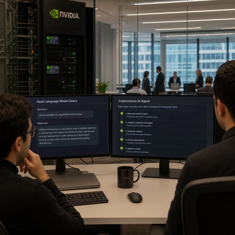 In a modern corporate office, anonymous consultants review hardware setups powered by NVIDIA servers while one workstation runs basic language model queries and another demonstrates an autonomous AI agent executing multi-step tasks for enterprise clients.