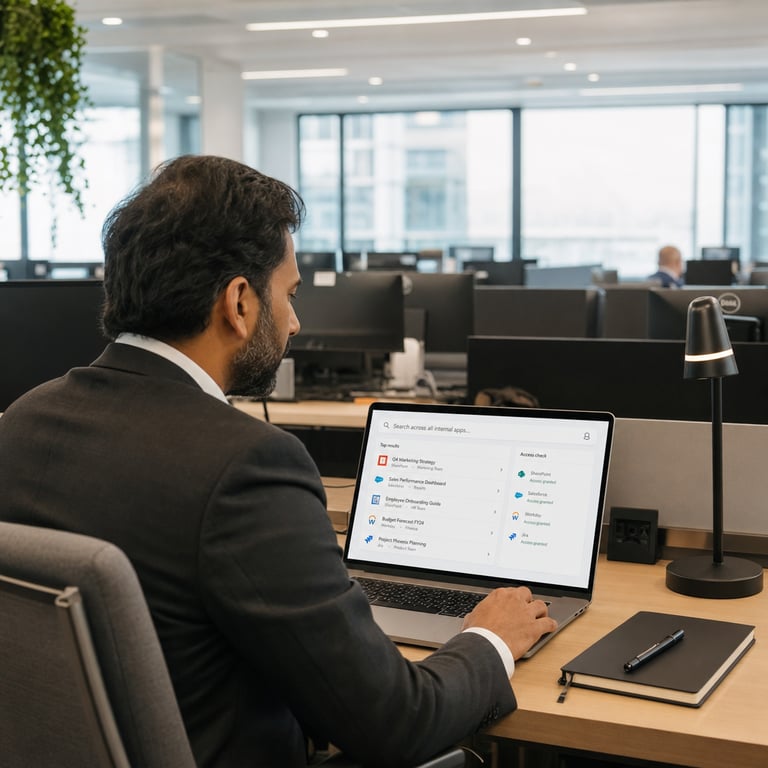 A business professional sits at a desk in a modern open-plan corporate office, using a laptop to access a unified search interface that retrieves content from multiple internal applications while enforcing access permissions.
