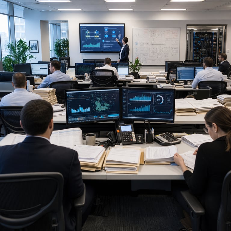 In a spacious modern open-plan office environment belonging to Lexington Insurance under AIG, multiple anonymous insurance underwriters dressed in professional business attire are seated at ergonomic workstations equipped with dual computer monitors displaying complex data analytics dashboards and risk assessment visualizations without any legible text, surrounded by organized stacks of commercial insurance submission documents and manila folders representing various lines of business including property casualty and liability coverages, with one individual standing and gesturing towards a shared large screen interface illustrating automated triage processes for multi-agent LLM systems, while nearby colleagues review physical paperwork alongside digital interfaces symbolizing the integration of advanced artificial intelligence tools from partners like Palantir and Anthropic's Claude models to streamline submission reviews and boost quote bind volumes by significant margins across eight distinct business categories, the room features large windows allowing natural light to illuminate the workspace filled with potted plants, coffee mugs, pens, highlighters, calculators, and reference books on insurance regulations, in the background a whiteboard with abstract diagrams and flowcharts depicting workflow optimizations from manual to automated processes shortening review cycles, additional elements include filing cabinets labeled with generic categories, network cables, printers outputting reports, and collaborative discussions among the team members focused on commercial risk evaluations, the floor plan shows rows of identical desks with rolling chairs, overhead fluorescent fixtures, carpeted flooring in neutral tones, wall partitions separating team zones, visible server racks in an adjacent room through an open doorway indicating backend computational support for underwriting automation, scattered USB drives and external hard disks on desks representing data handling for commercial submissions, individuals using headsets for virtual coordination calls, a central table holding shared binders and printed forms being sorted into priority piles to reflect triage efficiency gains of thirty to forty percent, generic corporate artwork on walls, water coolers, and snack stations in corners, all contributing to an atmosphere of heightened productivity in insurance operations without depicting any specific logos or readable content on screens or papers, the overall composition centers on the physical workflow of document intake, digital processing, team review, and output generation across multiple business lines to capture the essence of AI-enhanced underwriting performance improvements at AIG and Lexington Insurance.