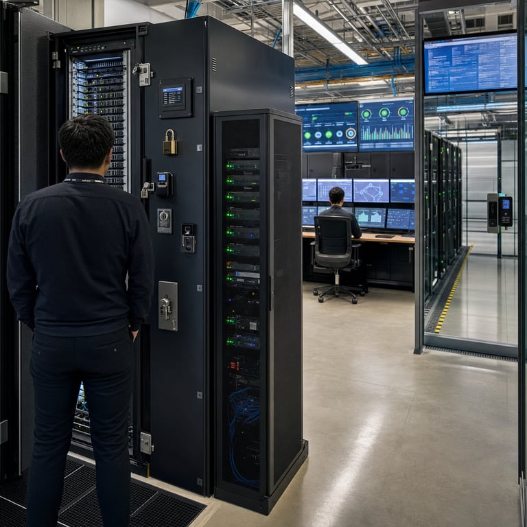 A realistic photojournalistic scene inside a large enterprise data center facility showing layered physical and digital security infrastructure for protecting AI workloads. In the foreground an anonymized technician wearing a dark business casual outfit and ID badge on a lanyard stands with back to camera at a tall server rack cabinet whose reinforced steel doors are secured by multiple physical locks and electronic access panels representing identity and key management controls. The cabinet interior visible through a narrow open section reveals rows of enterprise-grade blade servers and storage arrays running AI inference workloads alongside dedicated hardware modules for encryption key storage. Adjacent to the rack a separate locked enclosure houses additional hardware modules symbolizing secure search and retrieval services with status indicator lights glowing steadily. In the mid-ground another anonymized professional sits at a long monitoring console desk equipped with multiple flat panel displays showing abstract graphs and network topology diagrams without any readable text or logos while overhead wall-mounted displays present real-time system health metrics through color-coded icons and bar indicators. Further in the background a glass-walled operations area contains additional racks protected by badge readers and biometric scanners at entry points with visible cabling conduits running between zones to illustrate API gateway and traffic management layers. Overhead industrial lighting illuminates the polished concrete floor and metal grating while ventilation ducts and cable trays run along the ceiling. The entire environment conveys a multi-tiered defense setup spanning identity verification at the perimeter through encryption and monitoring at runtime with all human figures shown from behind or in silhouette to remain anonymous and generic. The composition emphasizes hardware cabinets network cabling access control devices and monitoring stations arranged to demonstrate sequential security layers protecting AI applications from initial authentication through continuous threat detection and response in a corporate technology operations setting.