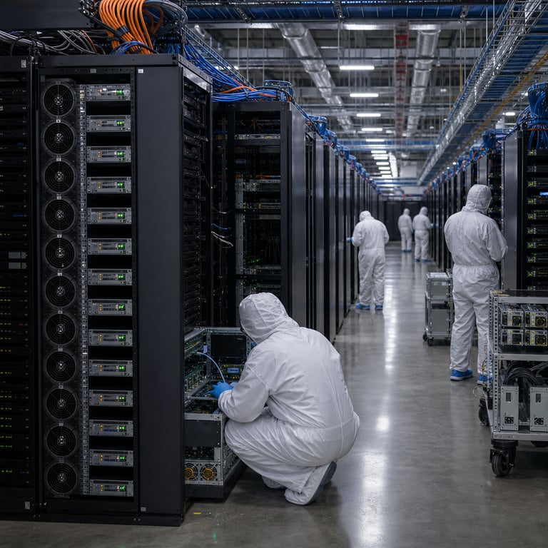 Inside a vast Alibaba Cloud data center facility located in a major Chinese technology hub, rows upon rows of densely packed server racks stretch into the distance under bright overhead industrial lighting, each rack filled with specialized GPU clusters designed for sparse mixture-of-experts neural network architectures supporting advanced multimodal agent capabilities. Anonymous technicians in cleanroom suits and protective gear move methodically between the aisles, their backs turned to the viewer as they inspect connections on hardware modules optimized for simultaneous processing of visual inputs from cameras, audio streams from microphones, and large-scale language model inference tasks. Thick bundles of fiber optic cables in blue and orange snake across the floor and along the tops of the racks, linking the compute nodes that enable efficient activation patterns for the Qwen3.5 series models including the 397 billion parameter variant with 17 billion active experts. Cooling fans hum visibly on the sides of the cabinets while status indicator lights in green and amber blink steadily without any readable markings. In the foreground, a single technician kneels beside an open server chassis revealing internal circuit boards and accelerator cards tailored for native multimodal fusion, allowing seamless integration of image recognition, video analysis, and conversational agent responses in multiple languages. The background shows additional racks labeled internally for Qwen3.5-Plus deployments within the Alibaba Cloud Model Studio environment, with workers carrying diagnostic tablets as they perform routine maintenance on systems driving cost-efficient performance gains. The entire scene emphasizes the scale of hardware infrastructure supporting the ongoing competition in frontier AI development between leading Chinese organizations and their United States counterparts, with no individuals facing the camera and no visible markings on equipment or clothing. The floor is polished concrete with subtle reflections of the rack lights, and ventilation ducts run along the ceiling carrying away heat generated by continuous operation of the mixture-of-experts systems. Additional details include wall-mounted environmental sensors monitoring temperature and humidity levels critical for stable AI training runs, stacks of spare power supplies and networking switches stored on mobile carts nearby, and distant figures in the far aisles adjusting cabling on racks dedicated to expanded language coverage for global agent applications. The composition captures the industrial realism of modern AI infrastructure deployment focused on efficiency improvements without any decorative elements or distractions.