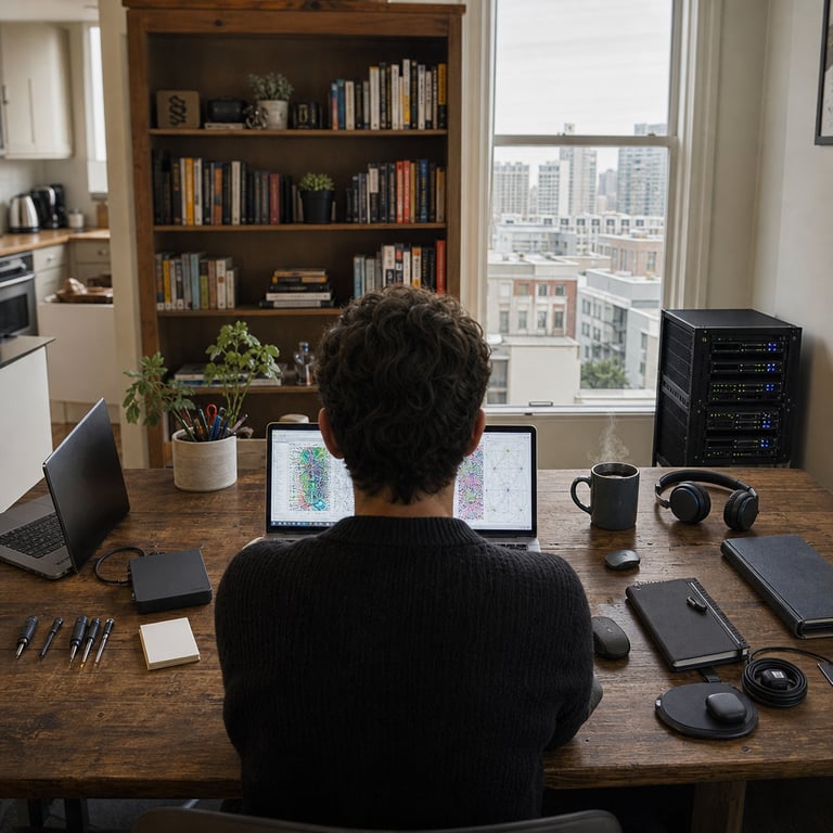 A realistic live-action scene inside a contemporary urban apartment home office shows an anonymous individual viewed strictly from behind seated at a spacious wooden desk with visible grain and subtle wear marks. Centered on the desk is a thin silver ultrabook laptop with its lid fully open displaying intricate multicolored neural network diagrams and layered model architecture visualizations on the screen. To the left of the laptop rests a closed matte black external storage drive connected by a coiled USB cable and a second identical ultrabook laptop positioned slightly ajar to indicate simultaneous consumer hardware operation. Scattered across the desk surface are precision screwdrivers a small stack of blank notepads a wireless mouse a pair of over-ear headphones and a ceramic coffee cup with visible steam. Behind the desk a tall wooden bookshelf holds rows of technical reference volumes and small potted succulents while a large window reveals a distant city skyline with multiple mid-rise buildings. On the floor beside the desk sits a compact rack of consumer-grade servers with visible ventilation grilles and indicator lights symbolizing scalable open-weight model deployment. Additional elements include a folded laptop sleeve a charging cable neatly bundled with a twist tie and a second pair of wireless earbuds resting on a charging pad. The entire composition emphasizes everyday consumer accessibility through ordinary household tech hardware arranged in a lived-in workspace without any visible branding logos or text elements. The desk also features a small potted plant with green leaves a metallic pen holder containing several pens and a closed notebook with a fabric cover. In the far background a doorway leads to a kitchen area with visible countertop appliances reinforcing the domestic setting where advanced AI models run locally on personal laptops. Every surface shows realistic textures including wood grain metal finishes fabric weaves and plastic details creating a densely populated yet coherent single-frame photojournalistic capture of technology integrated into daily life.