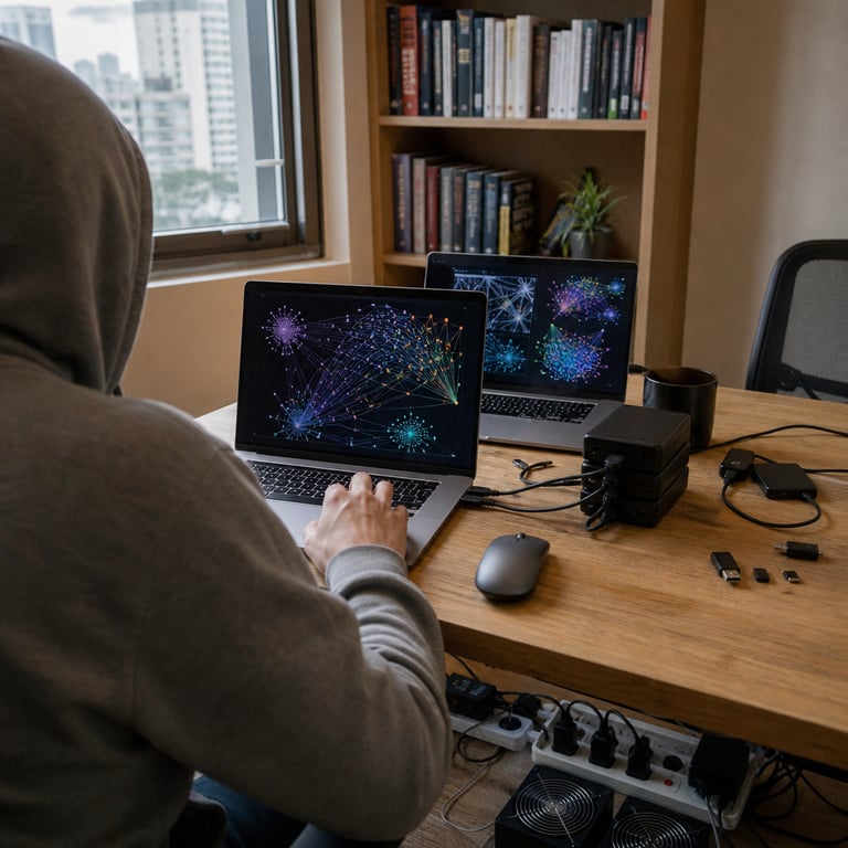 A modern minimalist workspace in a residential apartment features a thin silver laptop positioned centrally on a light oak desk surface with visible wood grain texture and subtle scratches from regular use. The laptop screen displays intricate multicolored node graphs and layered matrix visualizations representing neural network architectures without any legible text or symbols. Adjacent to the laptop rests a stack of matte black external solid-state drives connected via thick black cables arranged neatly across the desk. A second identical laptop sits slightly behind the first displaying parallel network diagrams on its screen indicating simultaneous operation of large-scale models on consumer-grade hardware. An anonymous person wearing a plain gray hoodie sits with their back facing the viewer at the desk with hands resting on the keyboard area. Behind the desk a tall bookshelf holds rows of technical reference books with plain spines and a small potted plant with green leaves. On the floor beside the desk multiple power strips and additional cooling fans are visible emphasizing hardware efficiency for running advanced artificial intelligence workloads. The overall setting includes neutral-colored walls a window showing an urban cityscape outside and a second chair pulled up nearby suggesting collaborative developer work. Scattered on the desk are generic USB connectors and a wireless mouse without branding. The scene captures the practical deployment of open-weight large language models optimized for laptop environments in direct competition with other major technology providers focusing on accessibility for individual developers and small teams seeking frontier-level performance on everyday consumer devices.